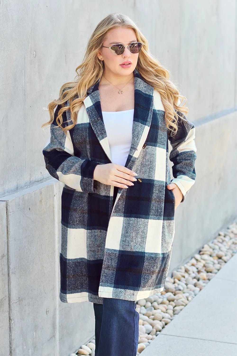 Double Take Full Size Plaid Button Up Lapel Collar Coat - PBNJ FASHIONS