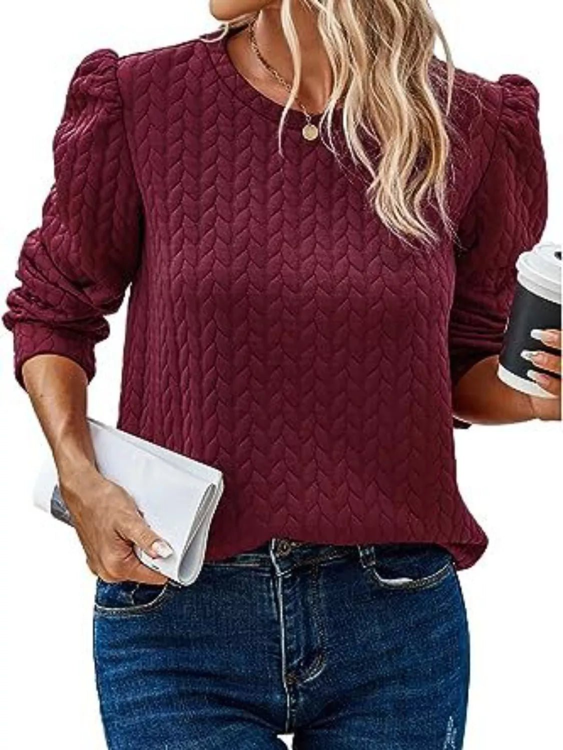 Textured Round Neck Long Sleeve Blouse - PBNJ FASHIONS