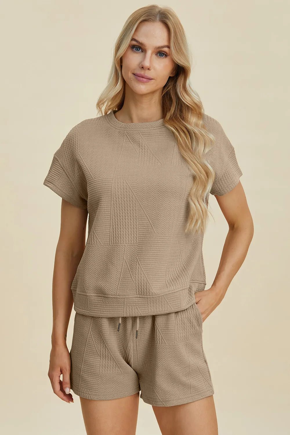 Double Take Full Size Texture Short Sleeve Top and Shorts Set - PBNJ FASHIONS