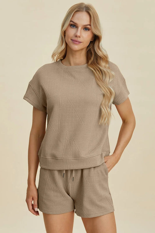 Double Take Full Size Texture Short Sleeve Top and Shorts Set - PBNJ FASHIONS