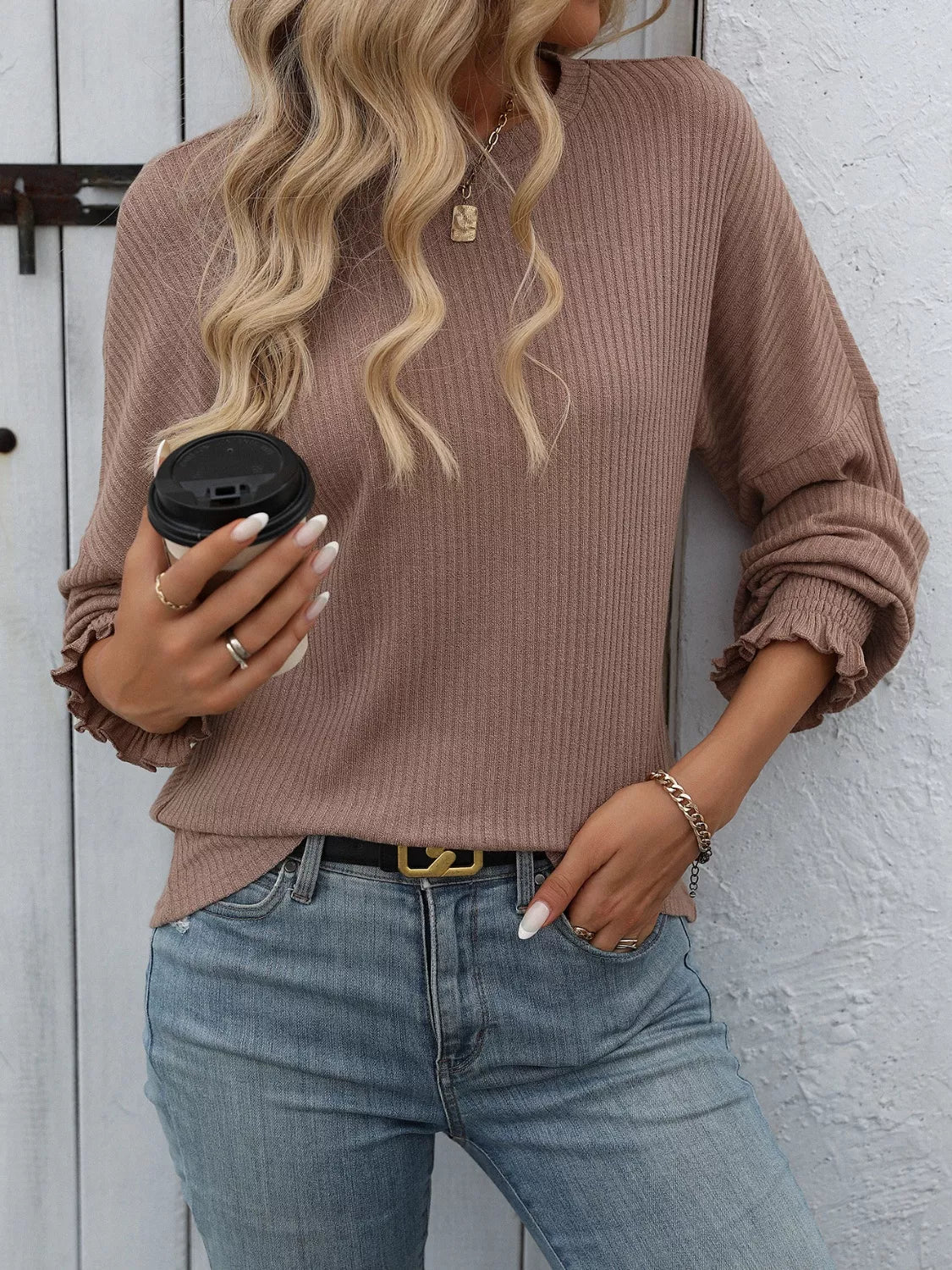 Ribbed Knit Ruffle Cuff T-Shirt - PBNJ FASHIONS