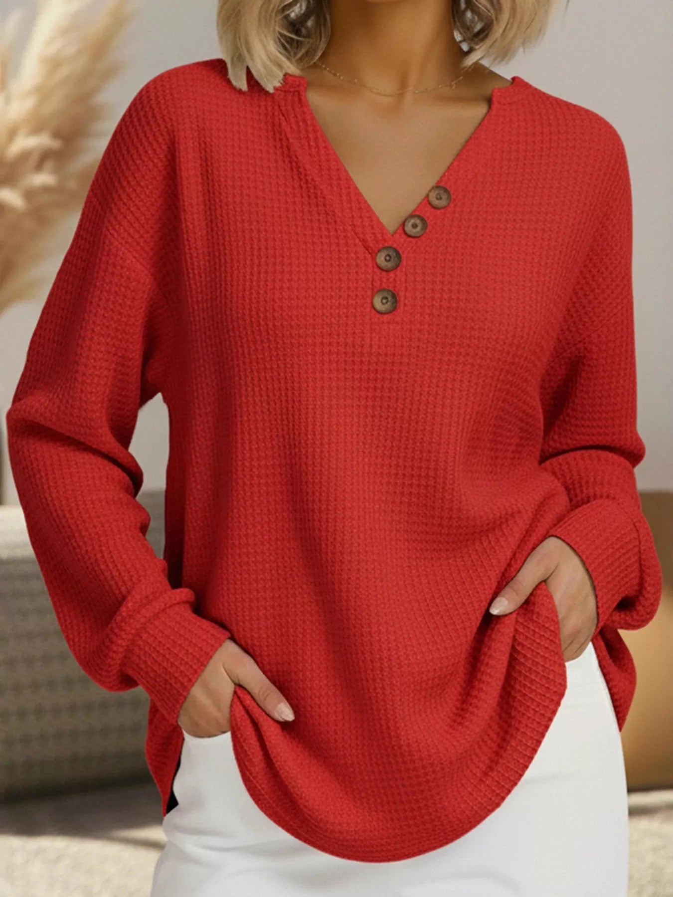 Full Size Casual Waffle Knit Long Sleeve T-Shirt Plus Size - PBNJ FASHIONS