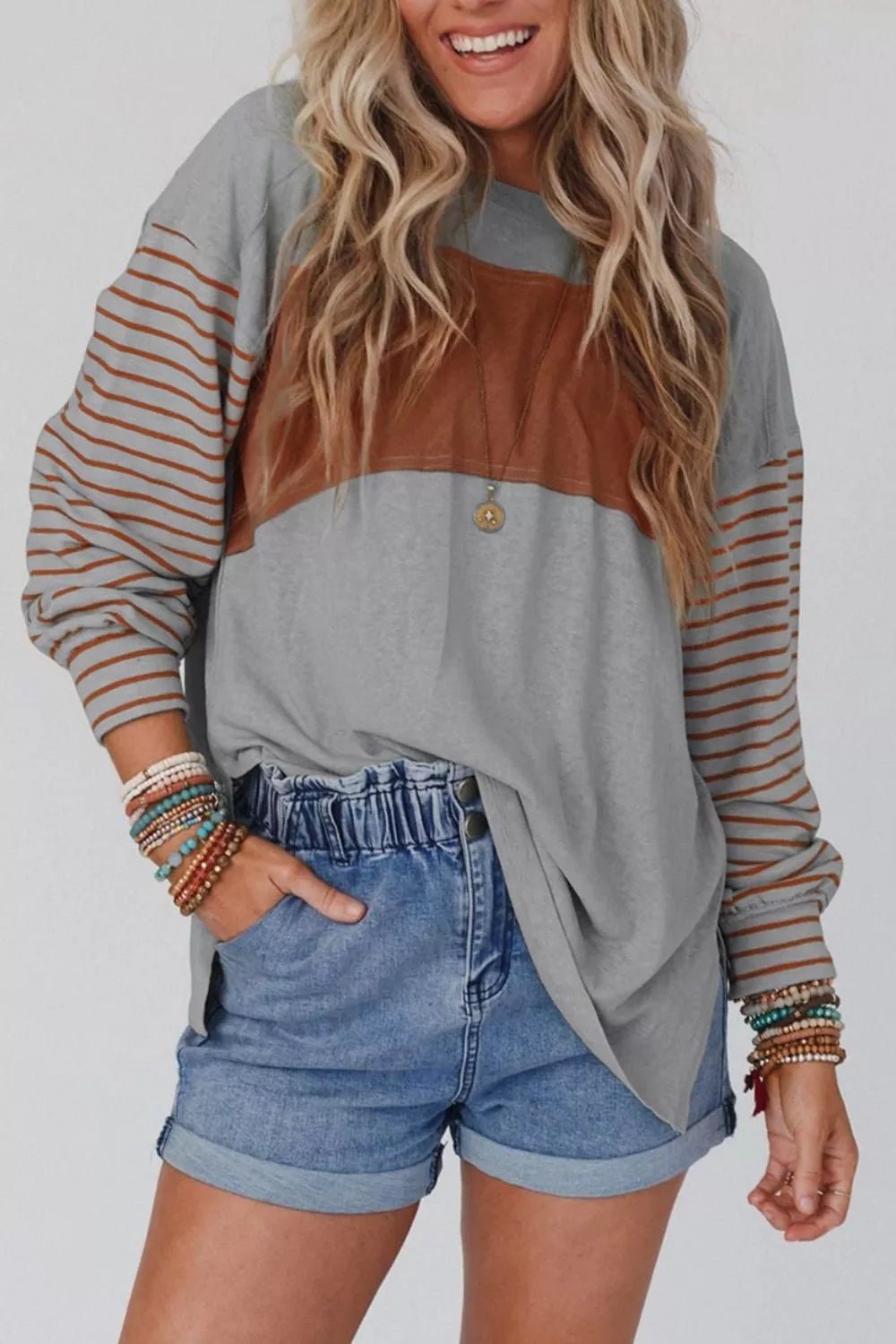 Colorblock Striped Bishop Sleeve Top - PBNJ FASHIONS