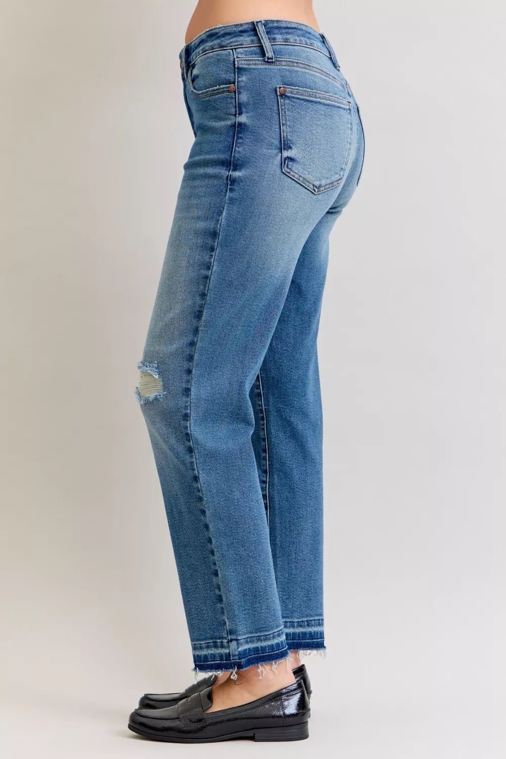 Judy Blue Full Size Mid Rise Bf Patch & Repair Destroy Release Hem Jeans Plus Size - PBNJ FASHIONS