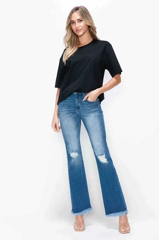 bytos Full Size Raw Hem Distressed High Rise Bootcut Jeans - PBNJ FASHIONS