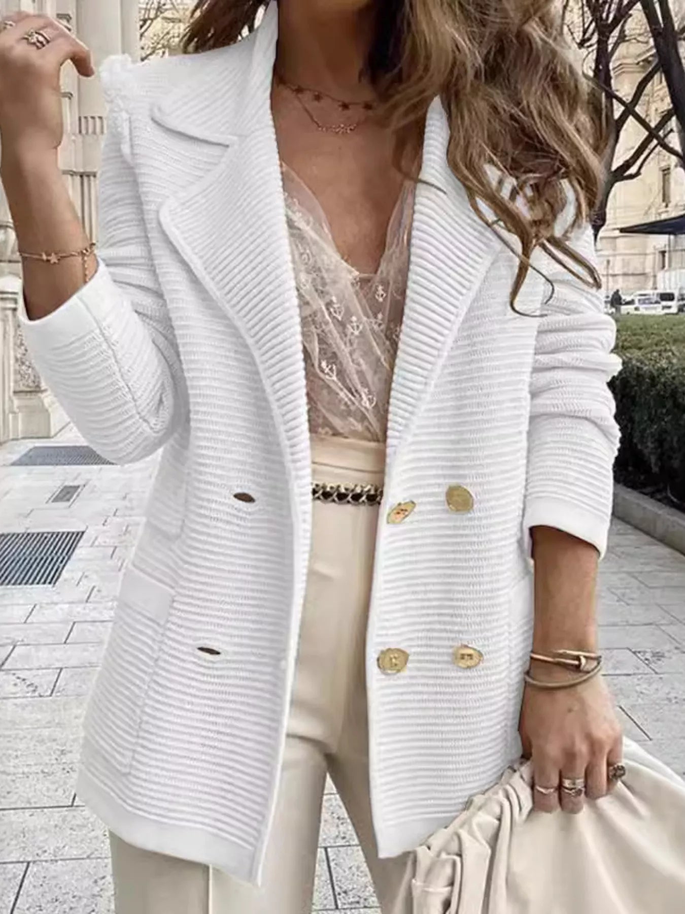 Texture Knit Double - Breasted Blazer - PBNJ FASHIONS
