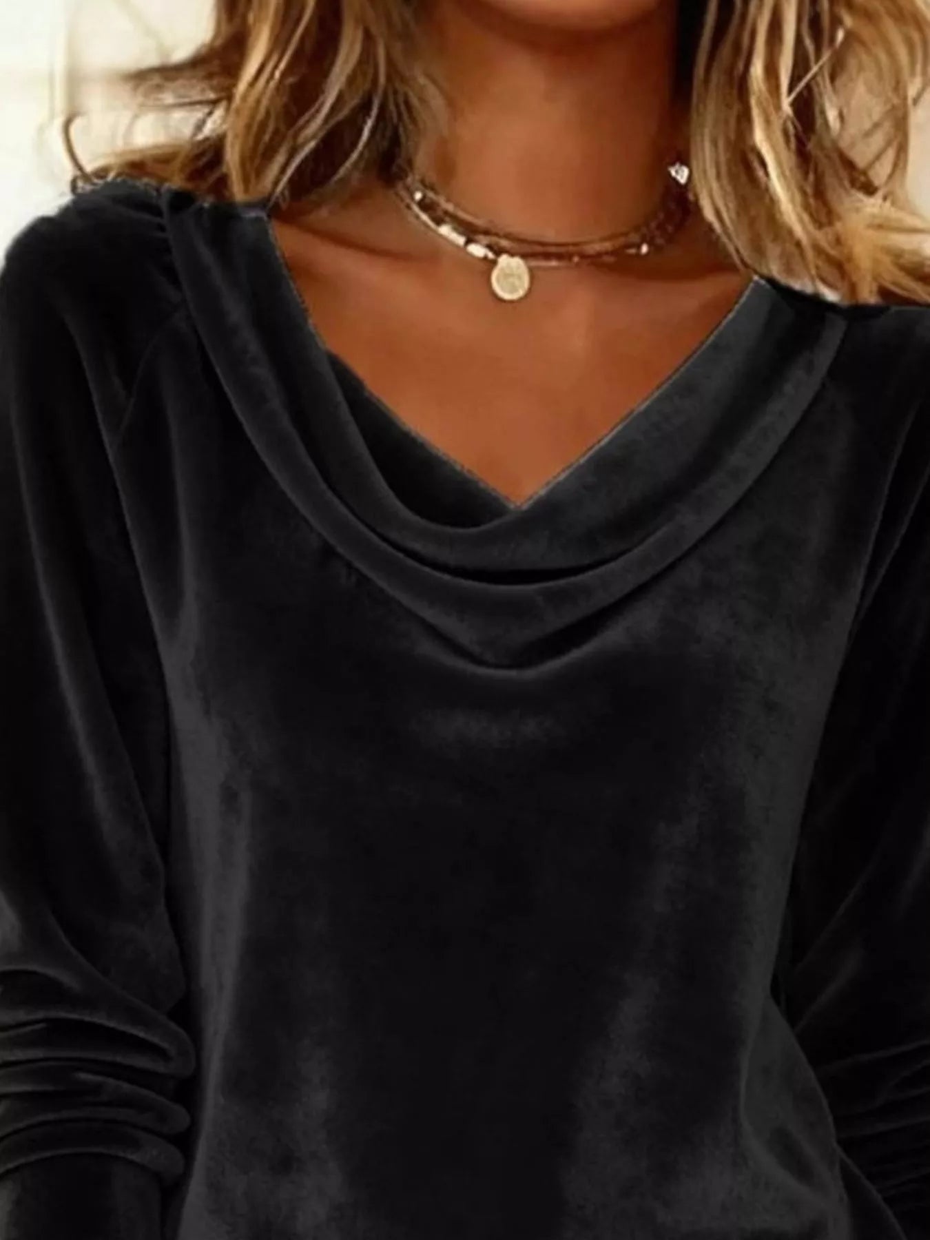 Velvet Cowl Neck Long Sleeve T-Shirt - PBNJ FASHIONS