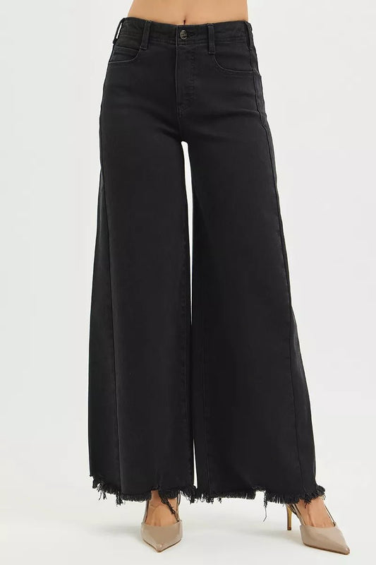 RISEN Tummy Control High Rise Palazzo Leg Frayed Hem Jeans - PBNJ FASHIONS