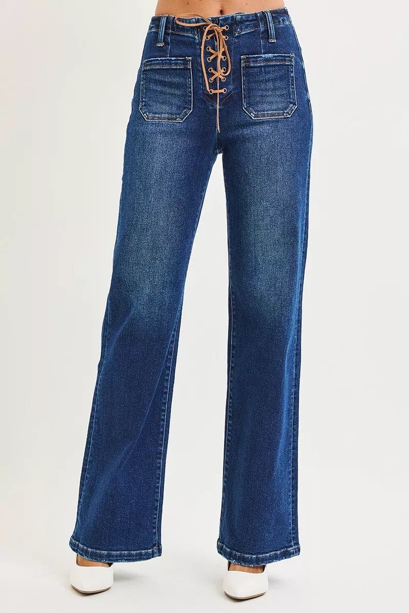 RISEN Full Size High Rise Wide Leg Jeans with Front Tie Detail Plus Size - PBNJ FASHIONS