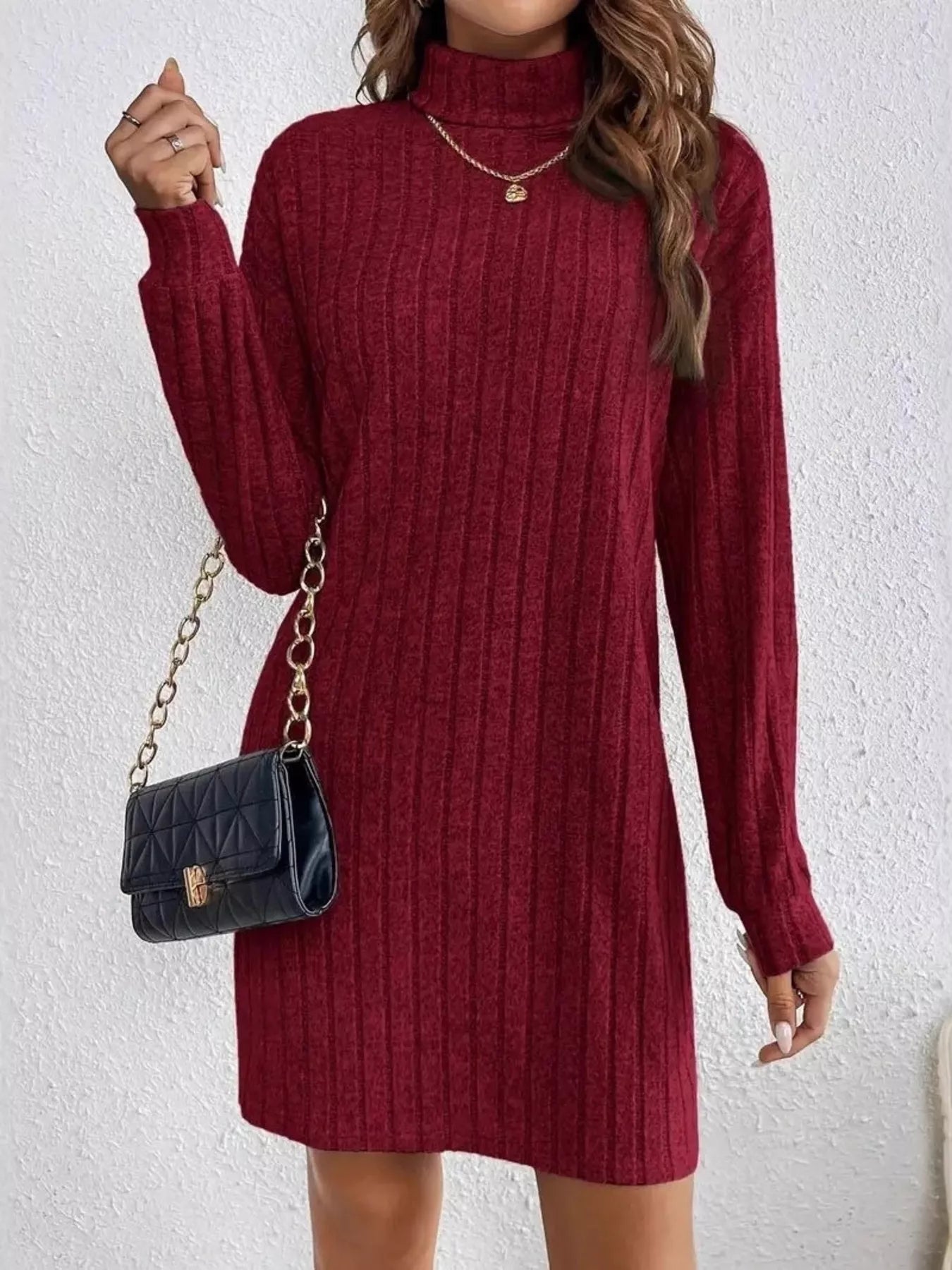 Ribbed Knit Turtleneck Mini Dress - PBNJ FASHIONS