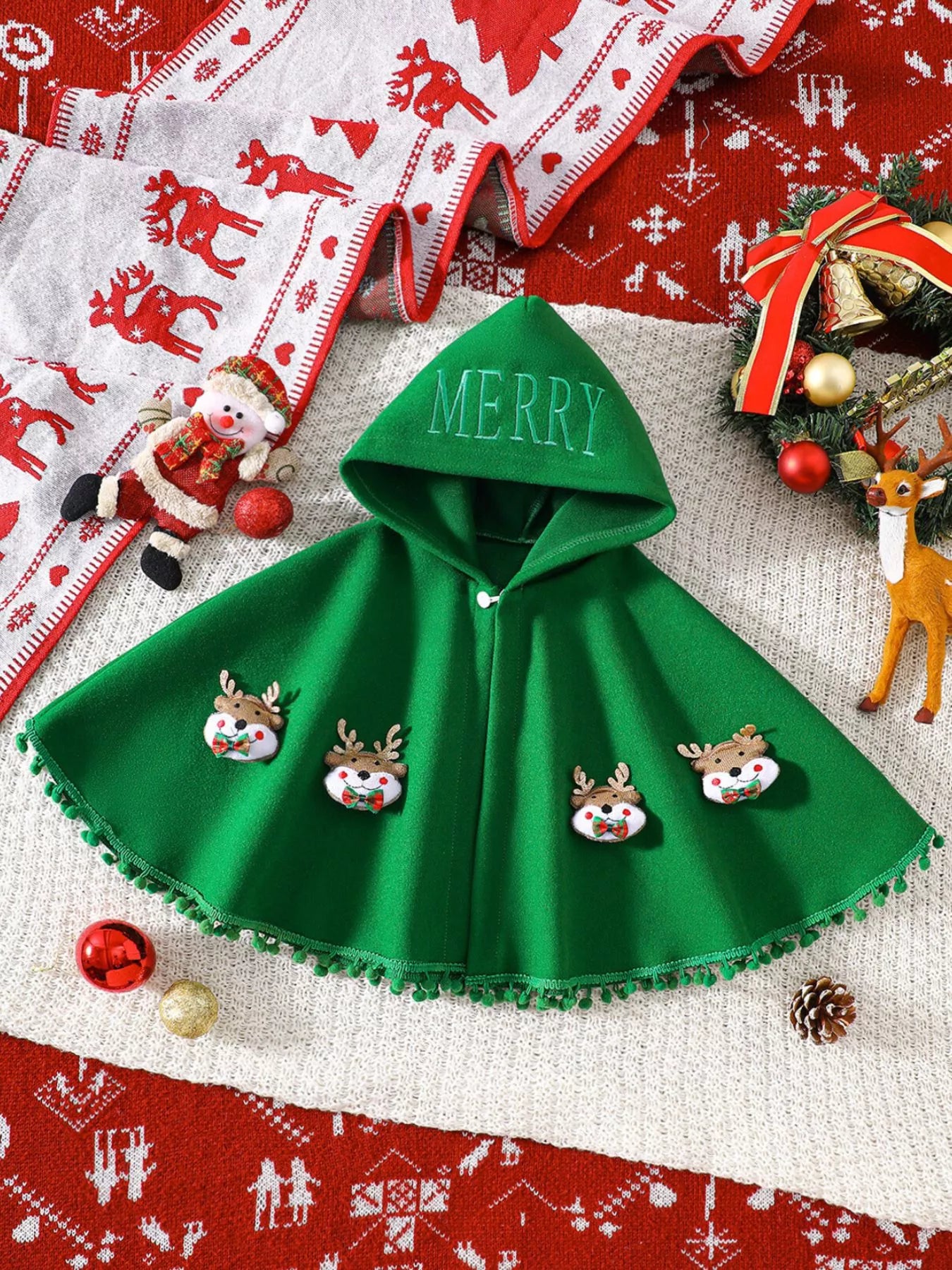 Children's Reindeer Embroidered Christmas Cape Outerwear - PBNJ FASHIONS