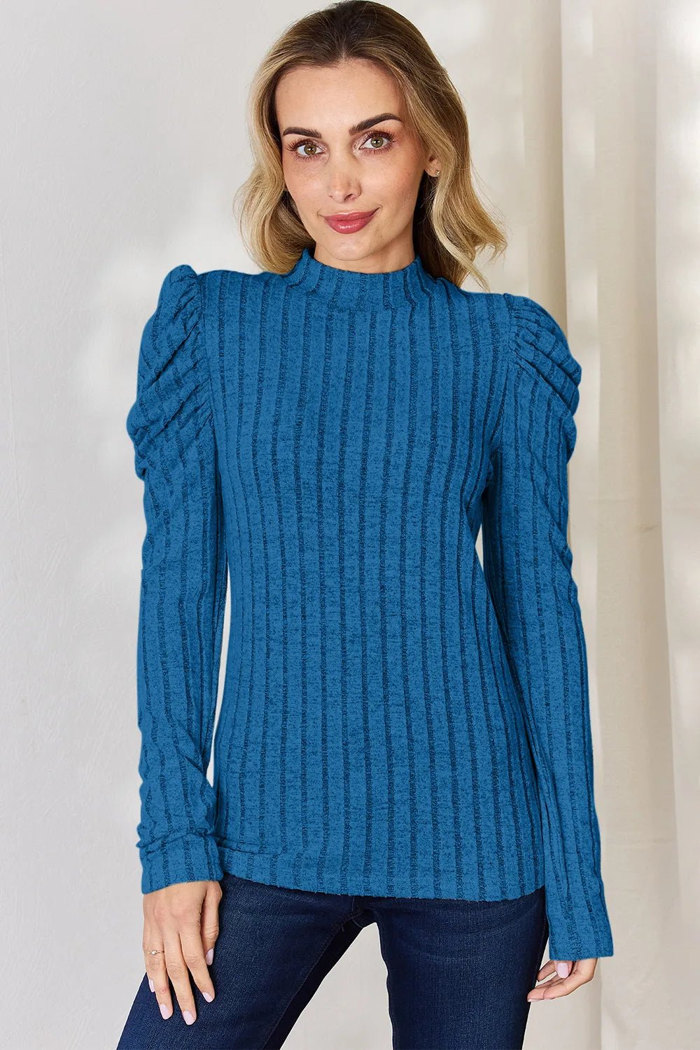 Basic Bae Full Size Ribbed Mock Neck Puff Sleeve T-Shirt - PBNJ FASHIONS