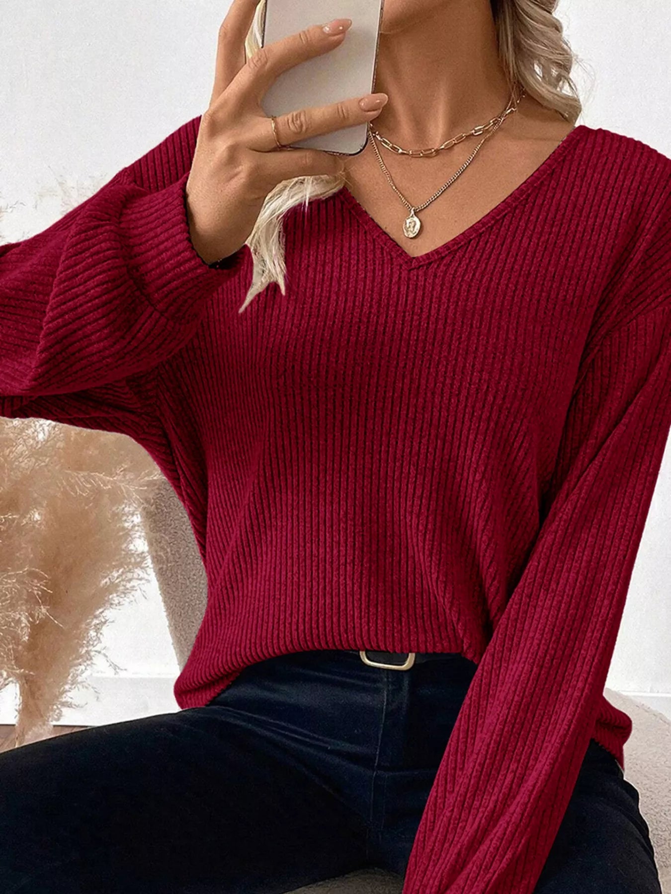 Ribbed V Neck Contrast Ribbon Bow Back Drop Shoulder Long Sleeve Top - PBNJ FASHIONS