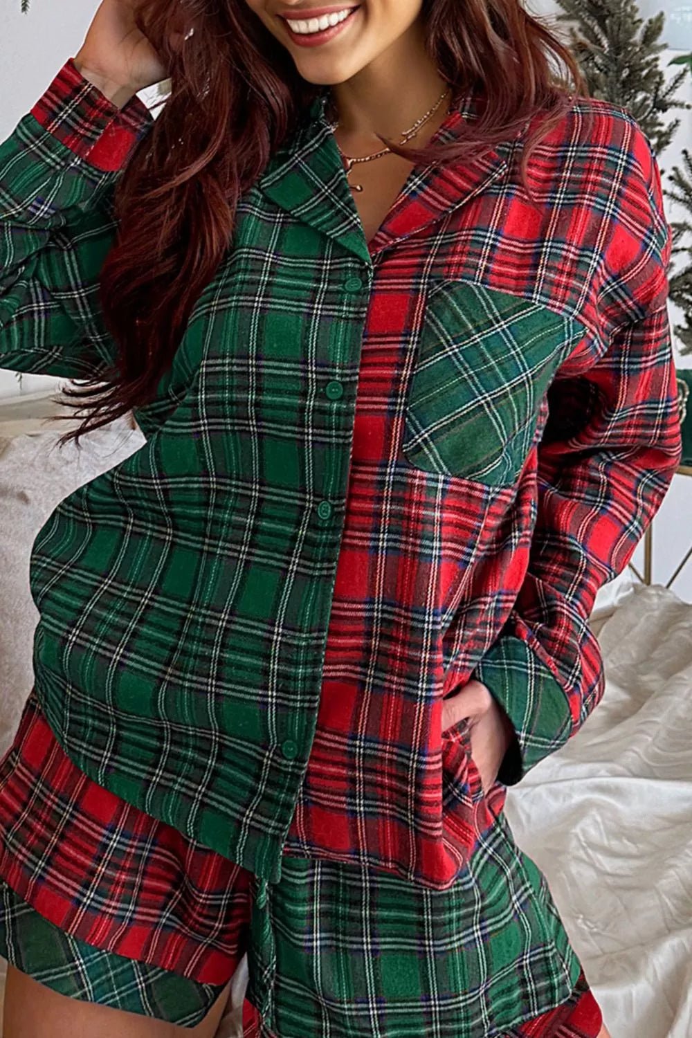 Plaid Contrast Patched Christmas Holiday Long Sleeve Shirt and Short 2pcs Pajama Set - PBNJ FASHIONS