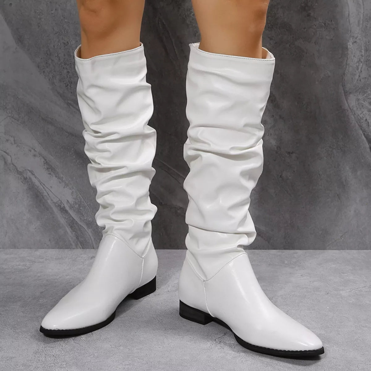 Slouchy Block Heel Boots PU Leather Rubber Low Heel Women's Booties - PBNJ FASHIONS