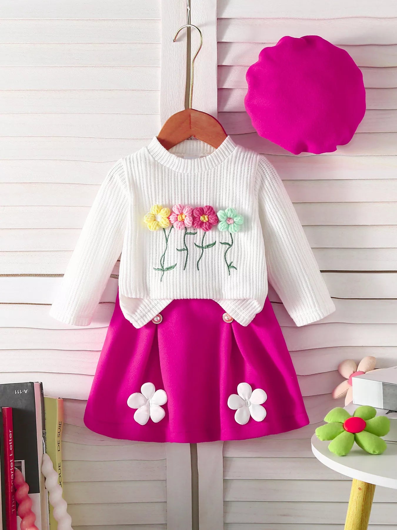 Children's Floral Applique Ribbed Knit Top & Pleated Skirt Set with Hat - PBNJ FASHIONS