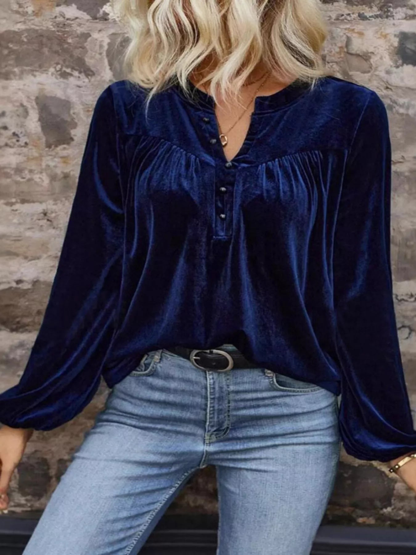 Velvet Notched Long Sleeve Blouse - PBNJ FASHIONS
