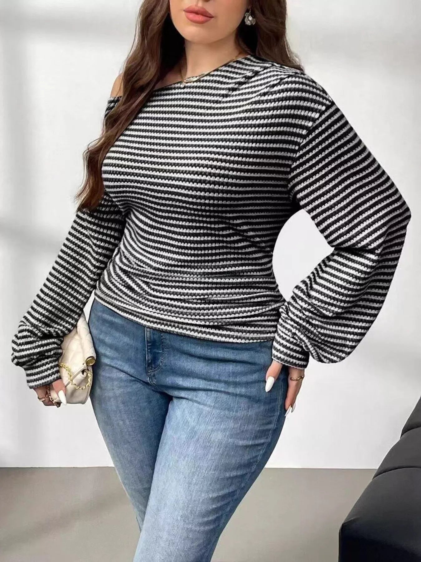 Plus Size Striped One - Shoulder Long Sleeve T-Shirt - PBNJ FASHIONS