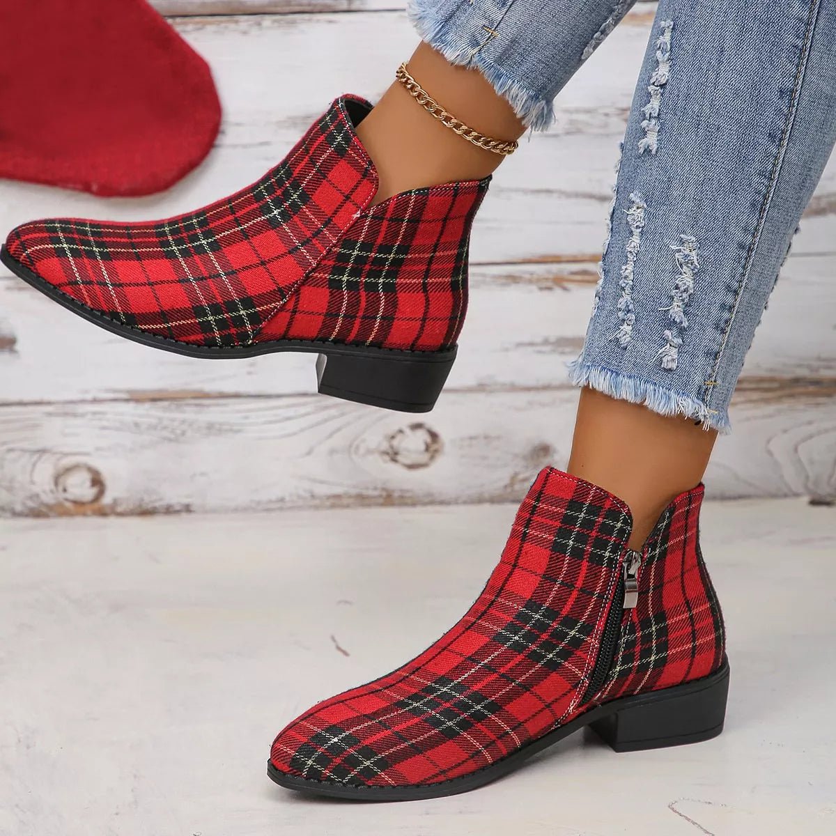 Plaid Point Toe Ankle Boots - PBNJ FASHIONS