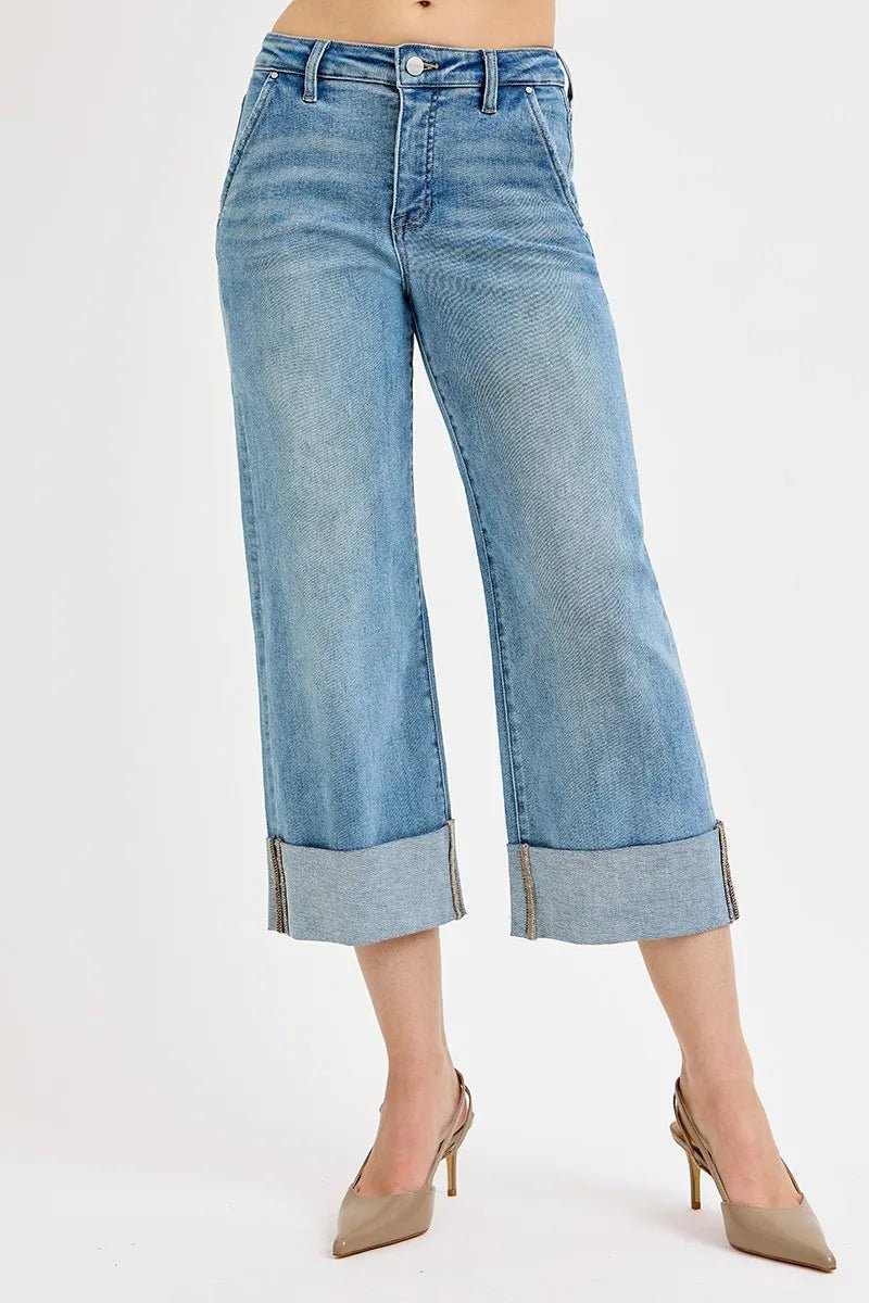RISEN Full Size Tummy Control High Rise Ankle Wide Cuffed Jeans Plus Size - PBNJ FASHIONS