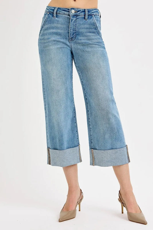 RISEN Full Size Tummy Control High Rise Ankle Wide Cuffed Jeans Plus Size - PBNJ FASHIONS