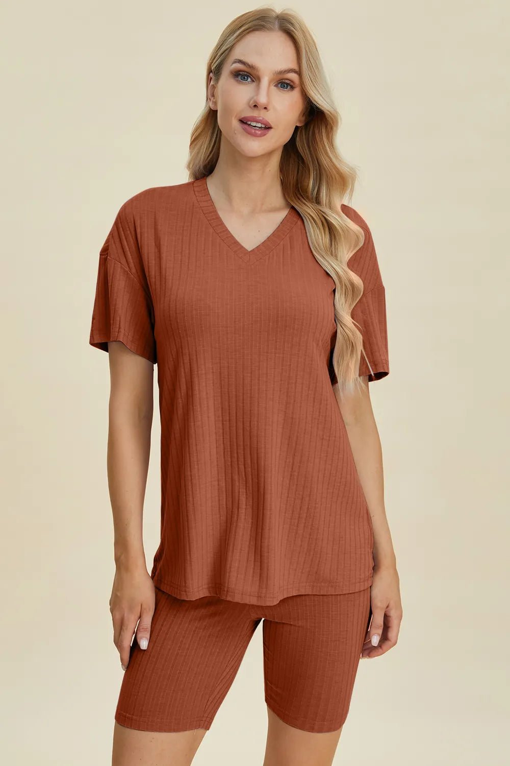 Basic Bae Full Size Ribbed V - Neck Short Sleeve Top and Shorts Set - PBNJ FASHIONS