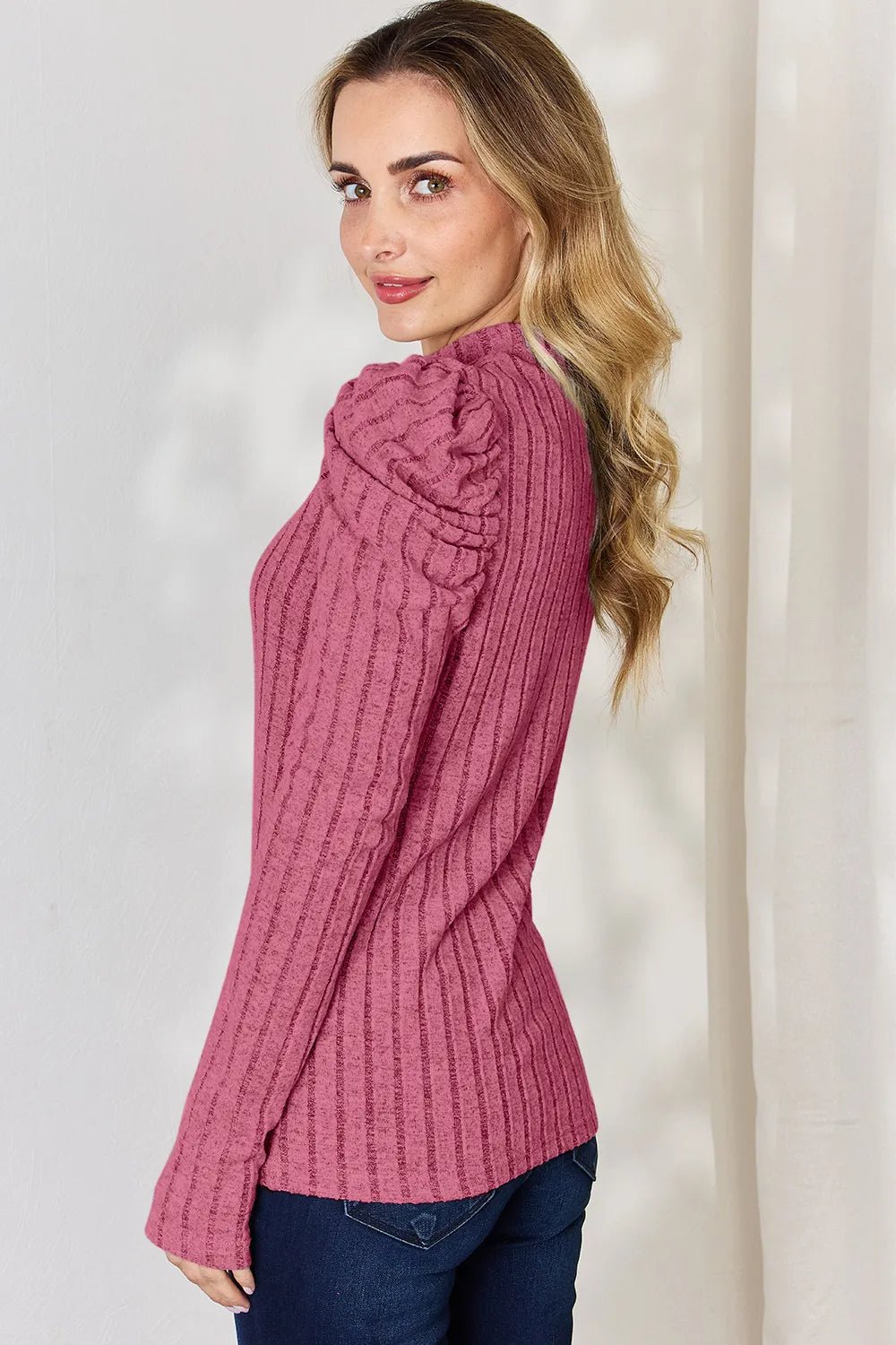 Basic Bae Full Size Ribbed Mock Neck Puff Sleeve T-Shirt - PBNJ FASHIONS