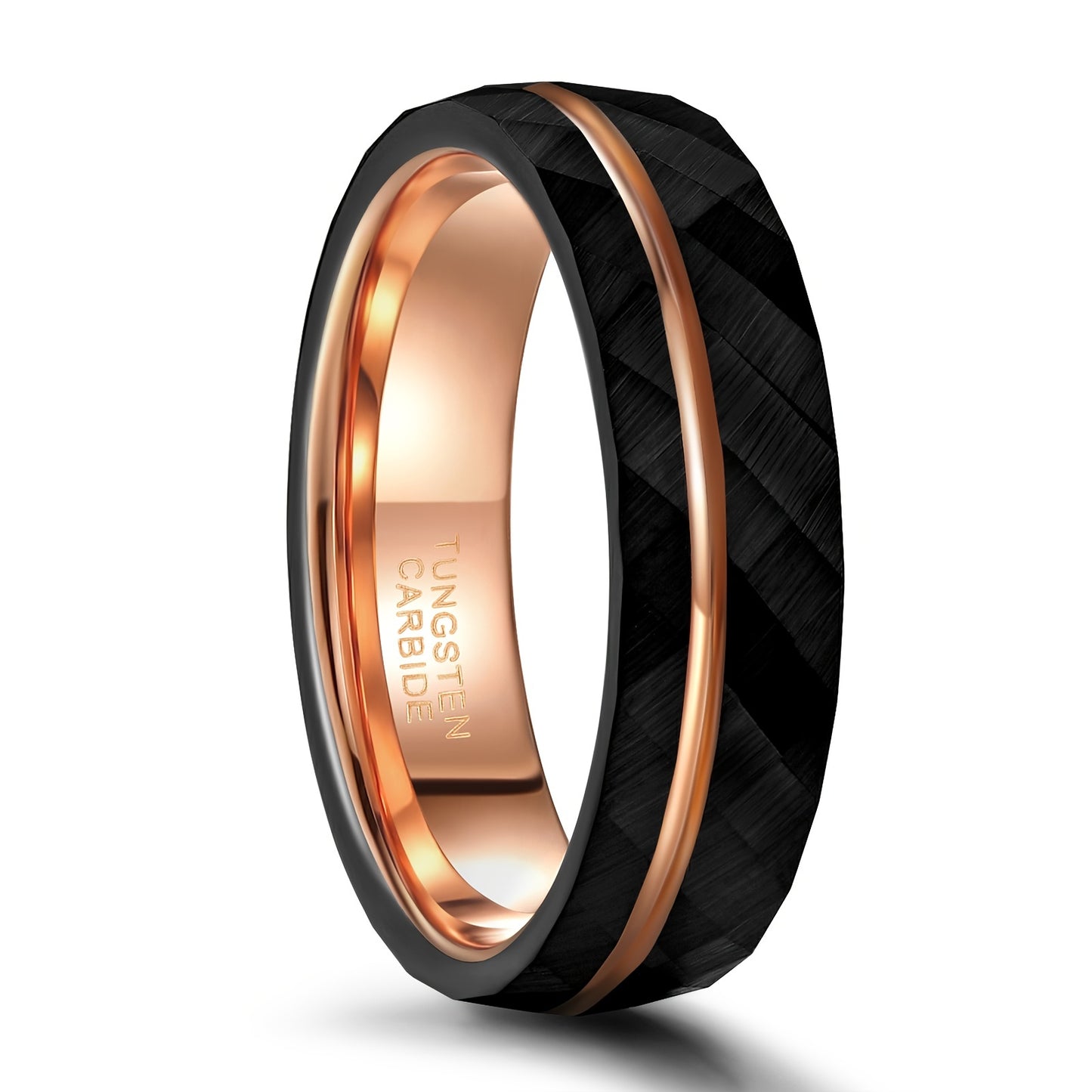 1pc 6mm (0.24'')/8mm (0.31'') Fashion Inlaid Rose Golden Wire Black Rhombic Men's Tungsten Steel Ring