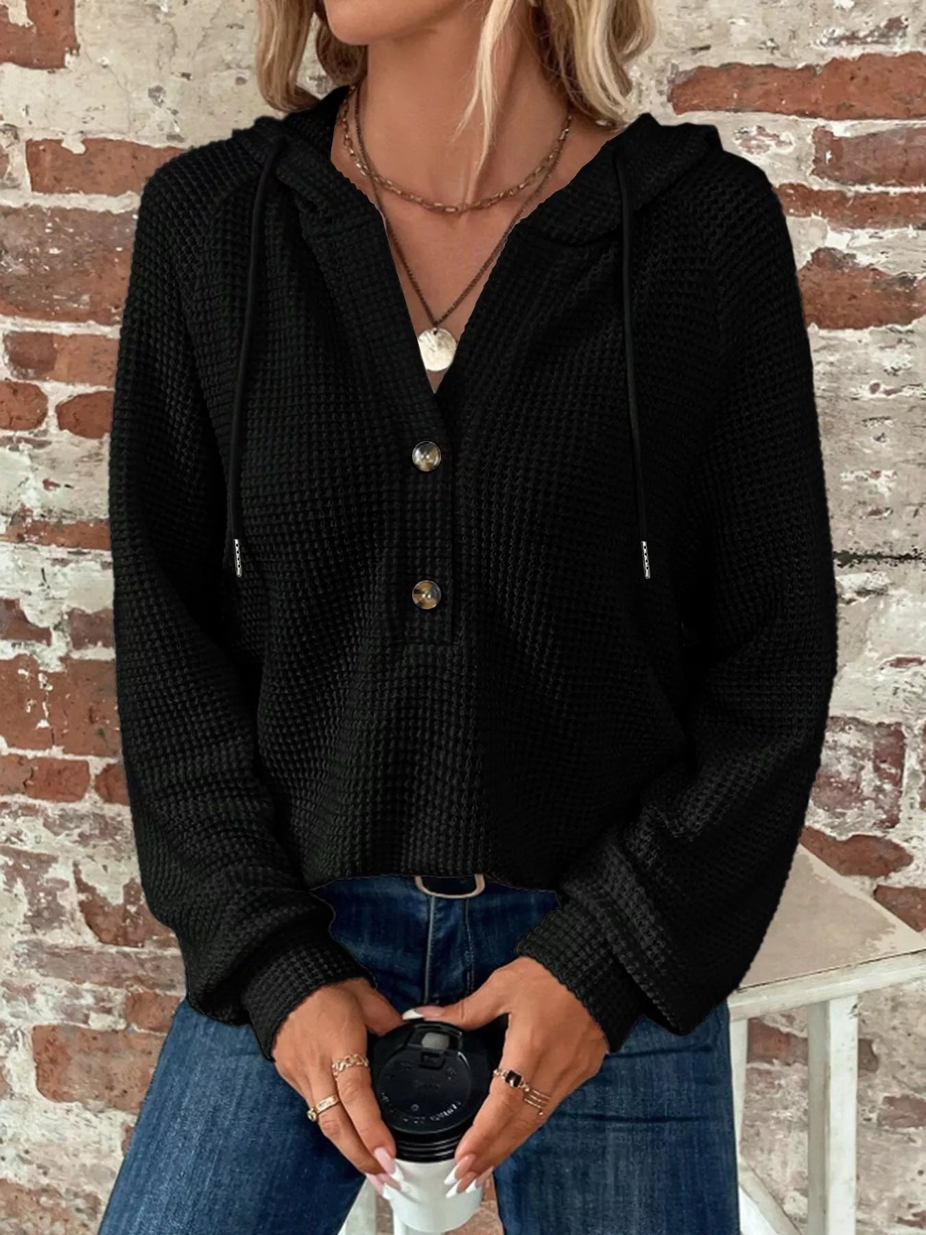 Waffle Knit Button Detail Hoodie - PBNJ FASHIONS