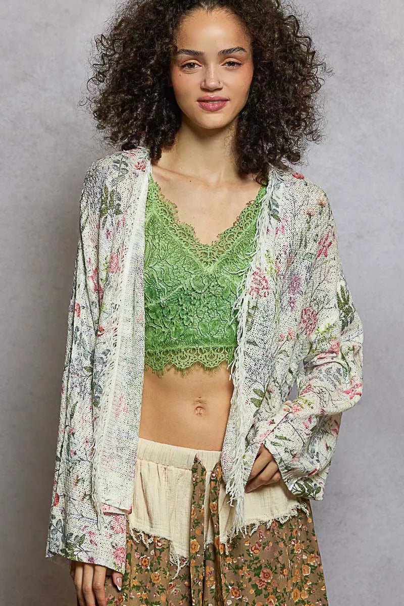 POL Open Front Floral Cardigan with Center Open Fringe - PBNJ FASHIONS