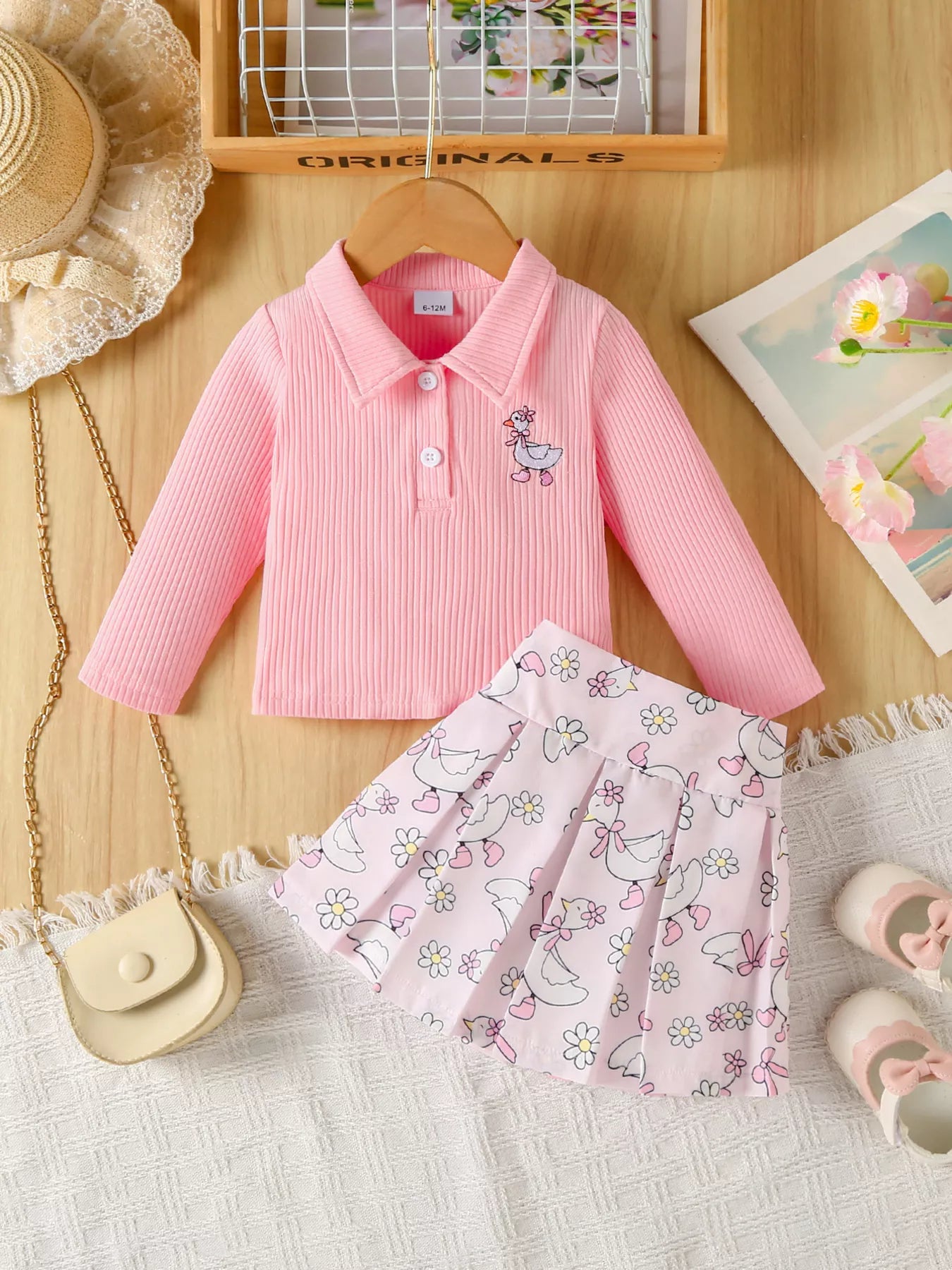 Children's Embroidered Ribbed Polo Shirt & Pleated Skirt Set - PBNJ FASHIONS