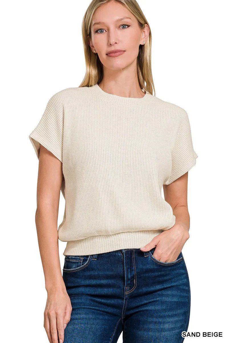 Zenana Round Neck Banded Botton Short Sleeve Sweater - PBNJ FASHIONS