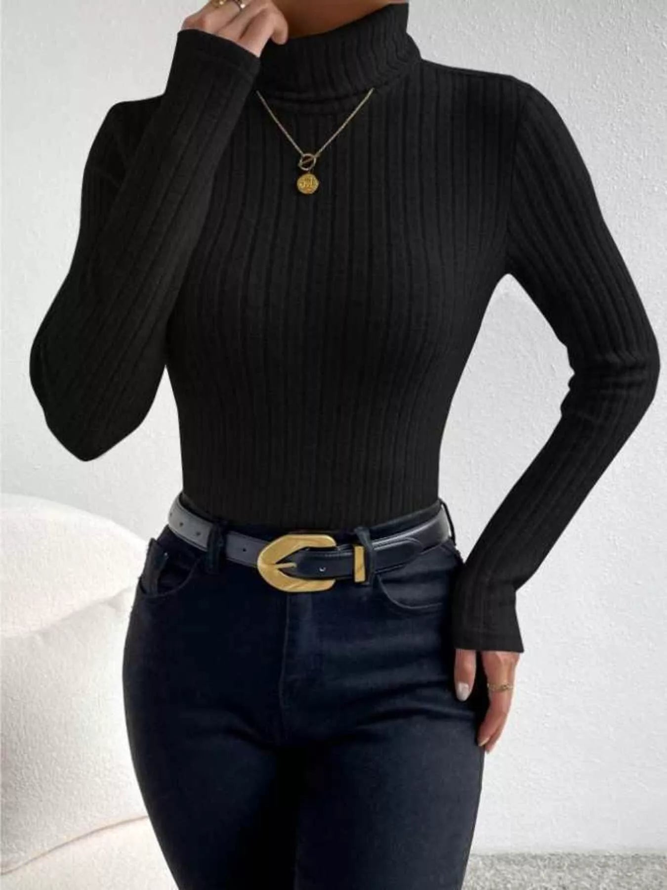 Ribbed Turtleneck Long Sleeve T-Shirt - PBNJ FASHIONS