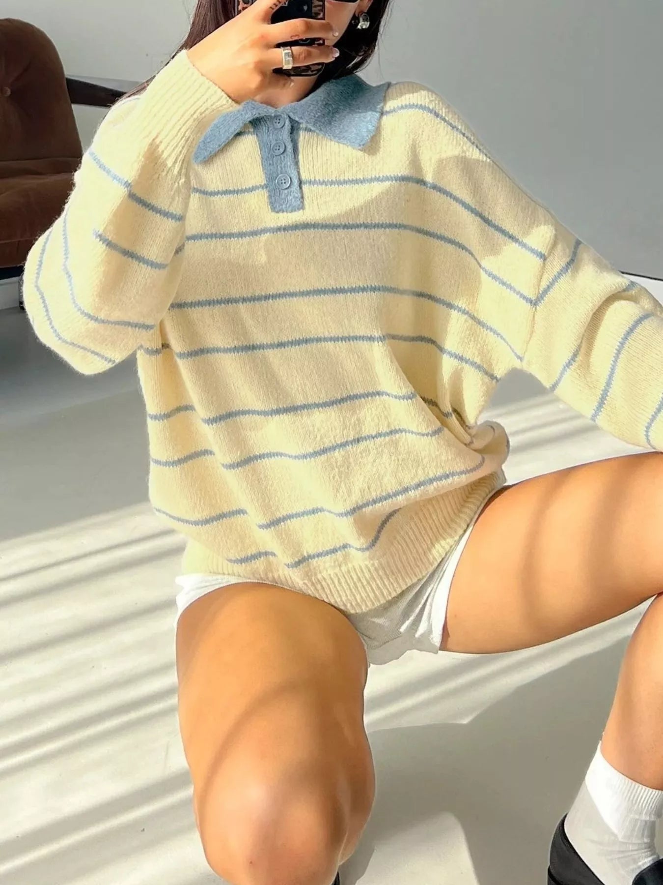 Striped Polo Collar Long Sleeve Sweater - PBNJ FASHIONS