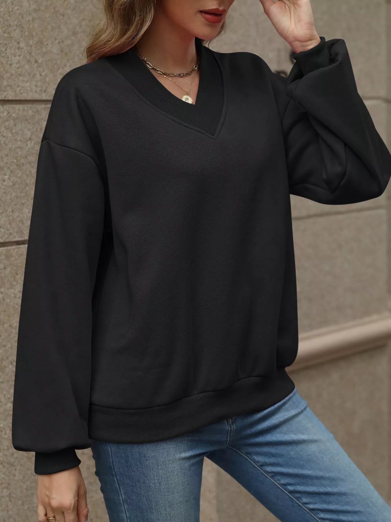V - Neck Solid Color Casual Sweatshirt - PBNJ FASHIONS