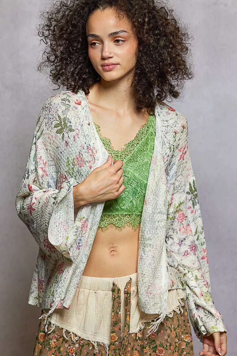 POL Open Front Floral Cardigan with Center Open Fringe - PBNJ FASHIONS