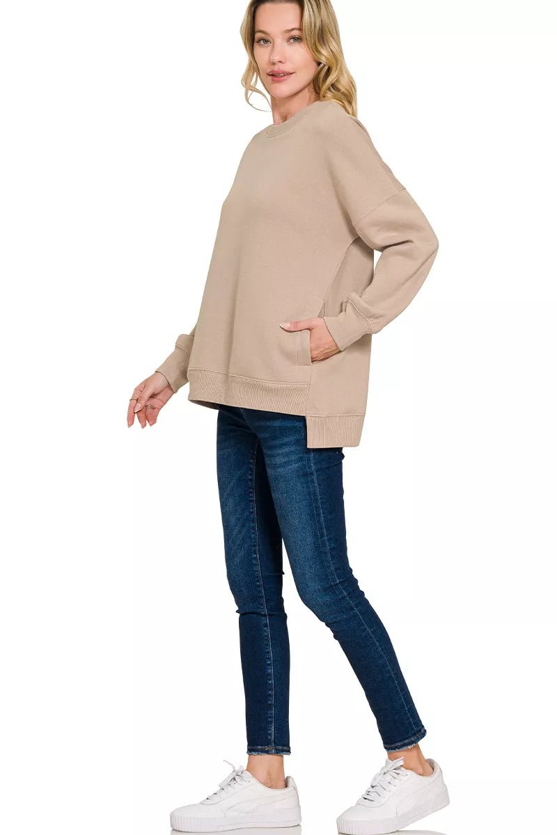 Zenana Full Size Fleece Hi - low Boyfriend Sweatshirts with Pockets Plus Size - PBNJ FASHIONS