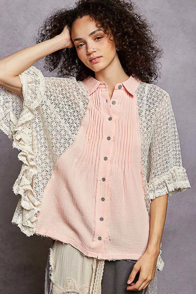 POL Button Down Front Pleated Shirt with Crochet Patch - PBNJ FASHIONS