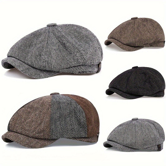 Men&Apos;S Retro Herringbone Flat Cap - Black Casual Beret with Vintage Style, Knitted Polyester, Perfect for Valentine&Apos;S Day, Everyday Headwear | Vintage Flat Cap | Knitted Texture