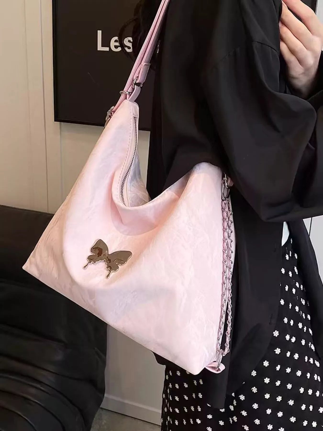 Convertible Shoulder Bag with Butterfly Decor - PinkOne Size