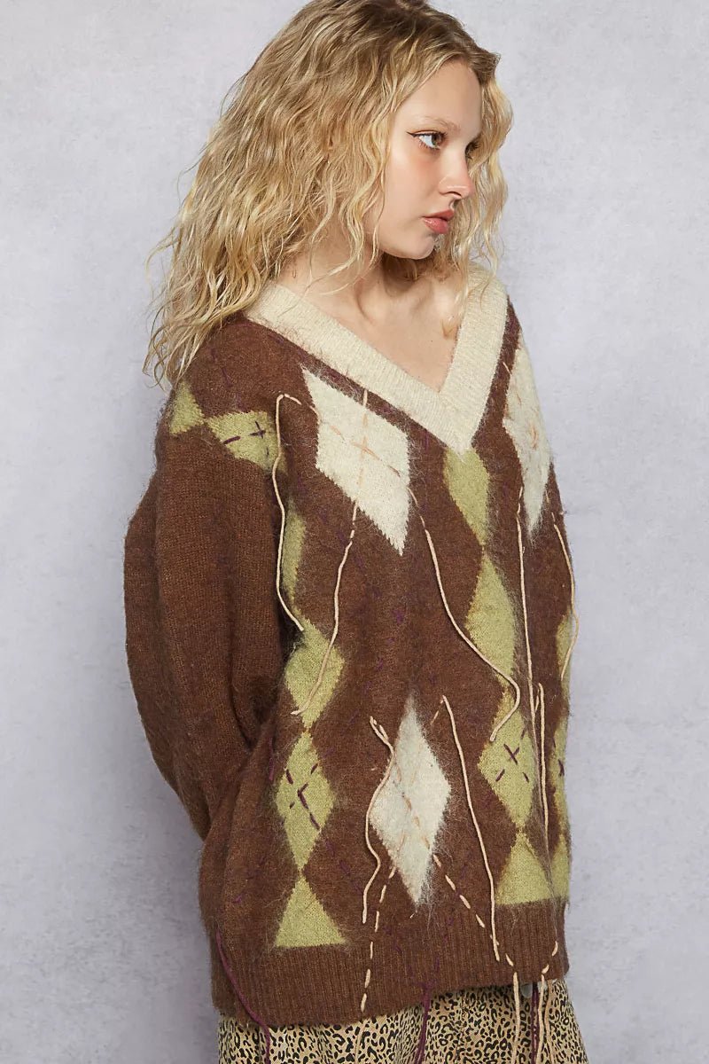 POL V - Neck Argyle Pattern Mohair Sweater with Contrast Exposed Stitch Detail - PBNJ FASHIONS