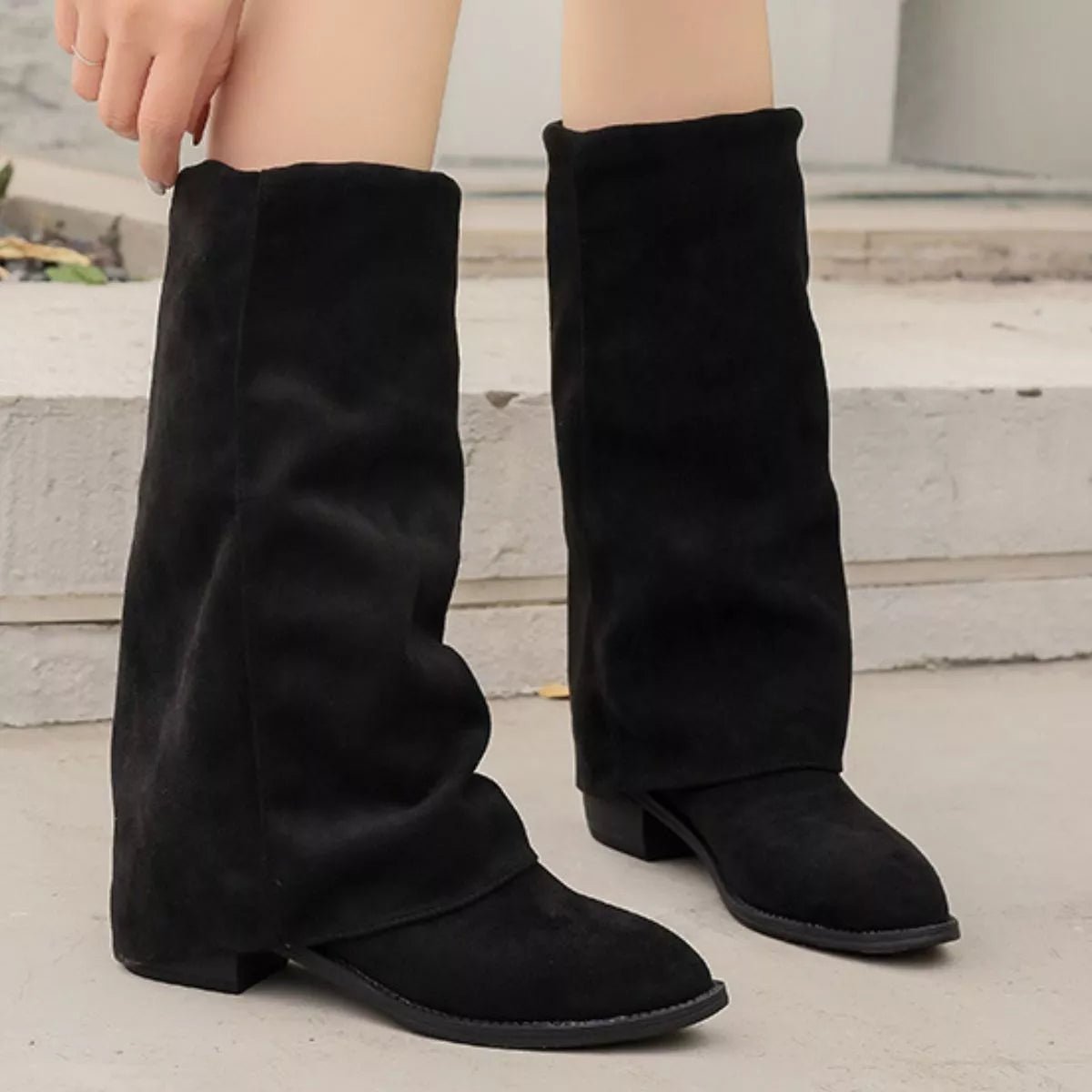 Point Toe Block Heels Boots - Mid Heel Suede Booties with Rubber Sole - PBNJ FASHIONS