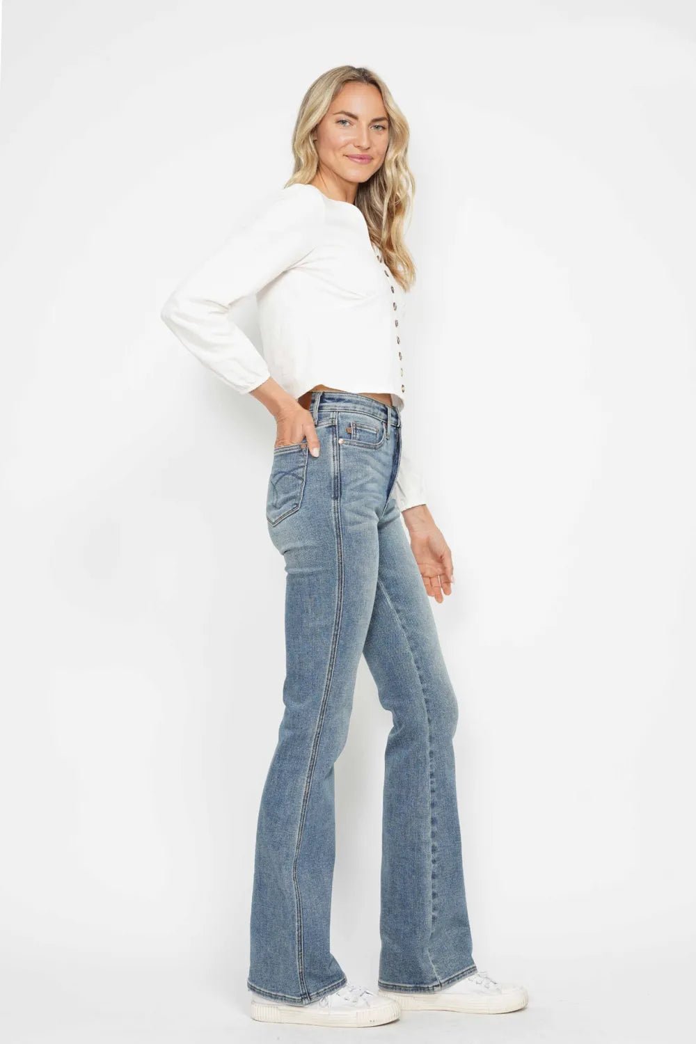 Judy Blue Full Size Tummy Control Back Embroidered Pocketed Bootcut Jeans Plus Size - PBNJ FASHIONS
