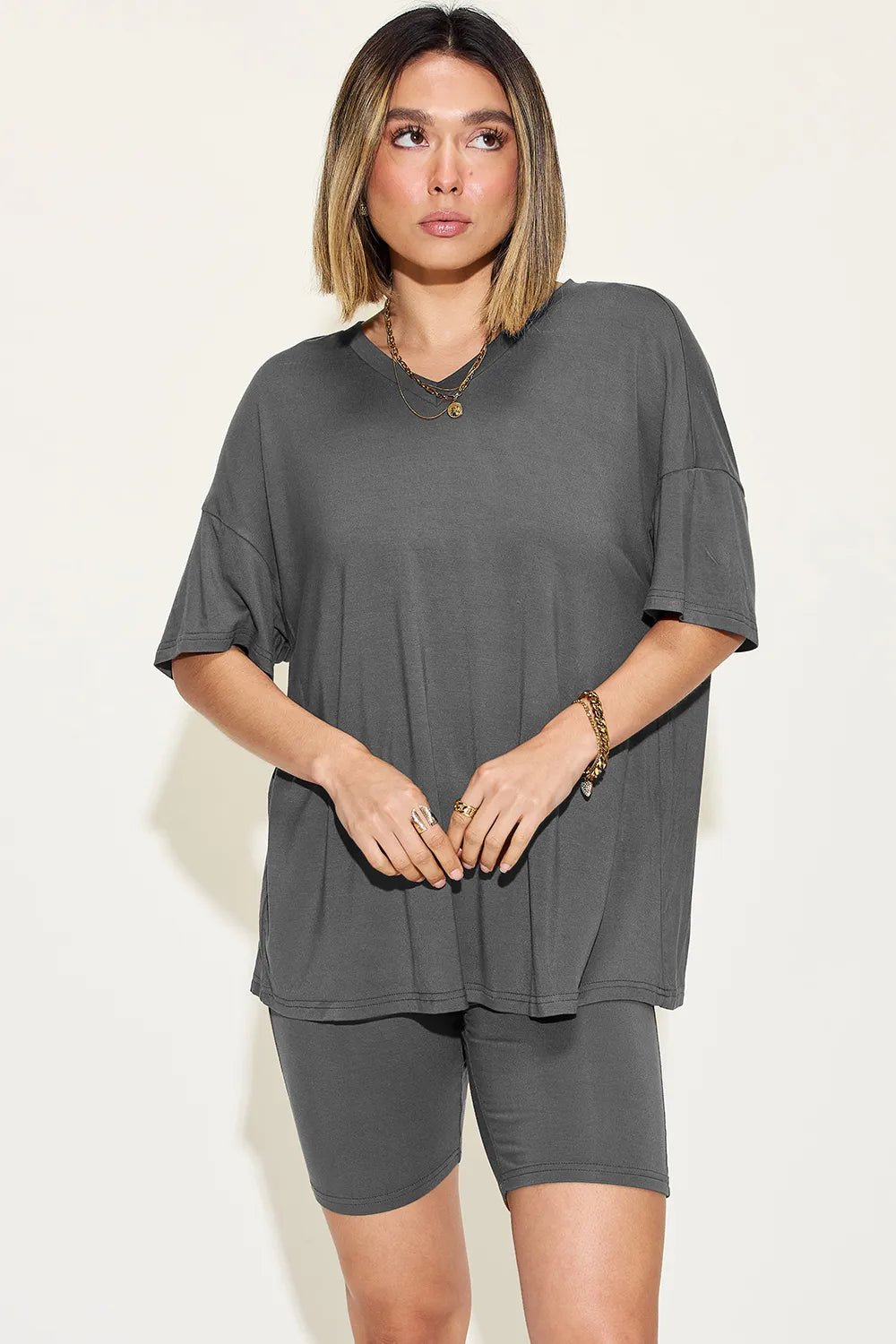 Basic Bae Full Size V - Neck Drop Shoulder T-Shirt and Shorts Set - PBNJ FASHIONS