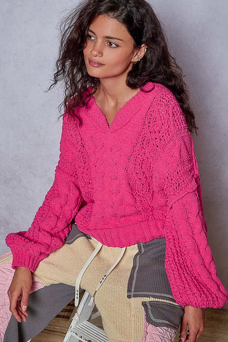 POL Cable - Knit Solid V - Neck Cropped Sweater - PBNJ FASHIONS