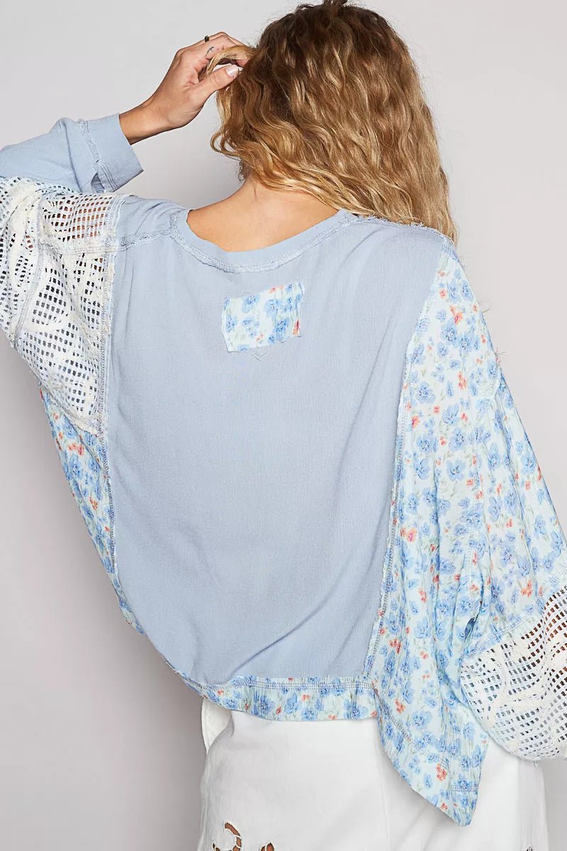 POL Round Neck Cropped Gauze Floral Pattern Top with Overlock Stitch Detail - PBNJ FASHIONS