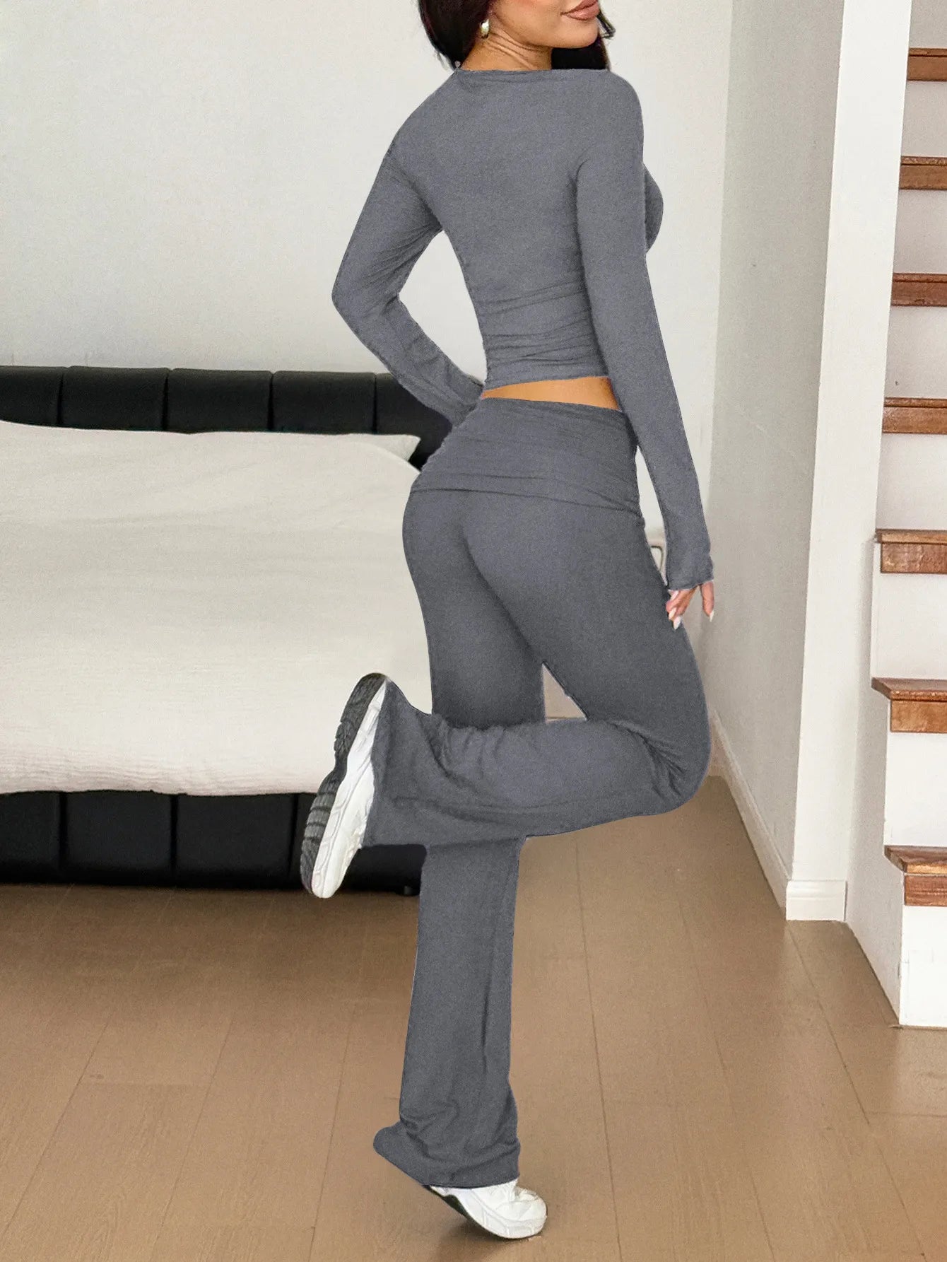 Long Sleeve Crop Top and Bootcut Pants Set - PBNJ FASHIONS