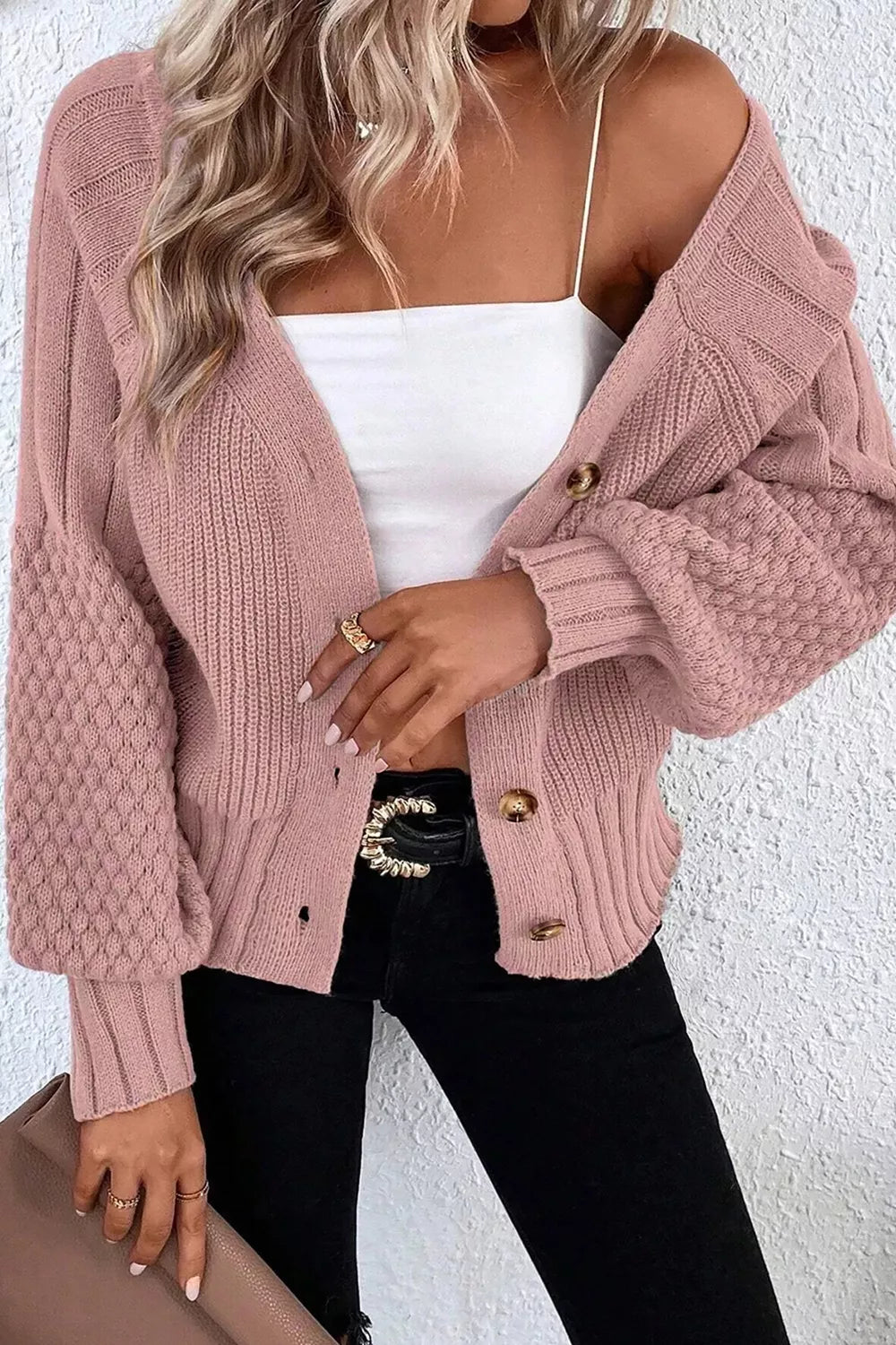 Mixed Texture Knit Button V Neck Sweater Cardigan - PBNJ FASHIONS
