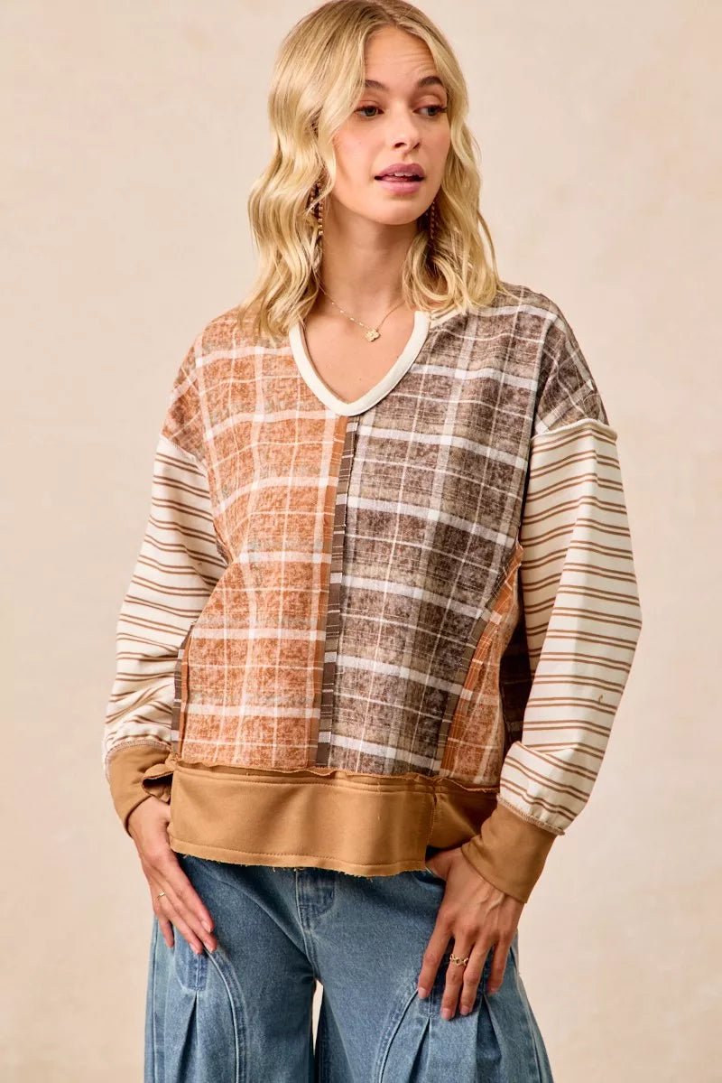 BiBi Plaid And Stripe Mix And Match Top With Open Seam - PBNJ FASHIONS