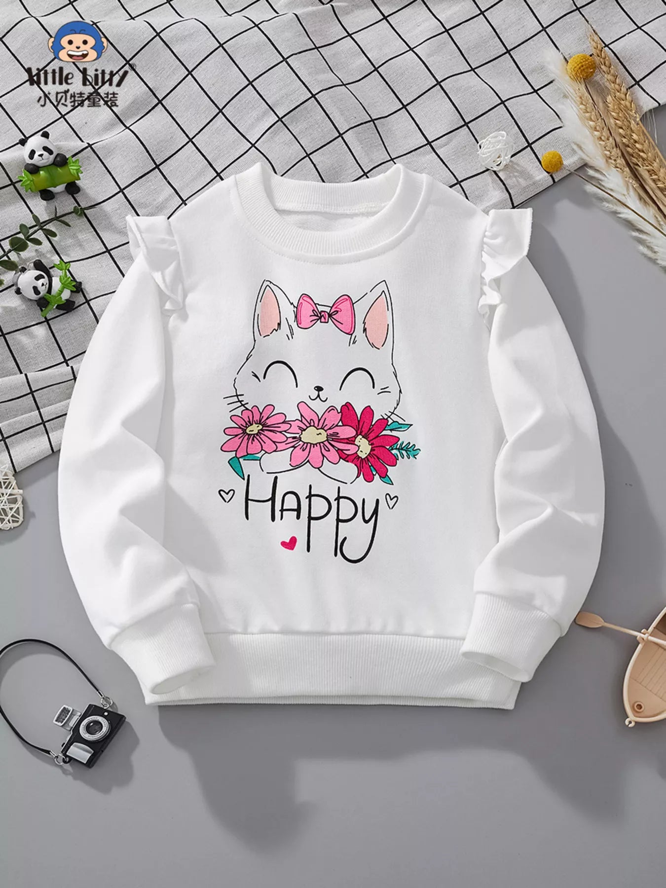 Children's Cat Graphic Ruffle Sleeve Sweatshirt - PBNJ FASHIONS